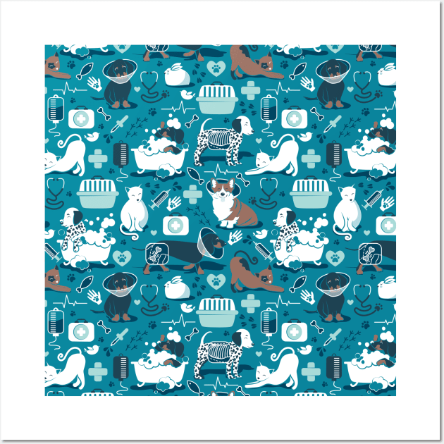 Veterinary medicine, happy and healthy friends // pattern // turquoise background aqua details navy blue white and brown cats dogs and other animals Wall Art by SelmaCardoso